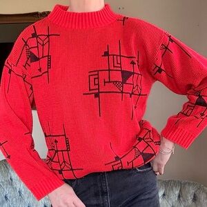 Vintage graphic sweater 90s red black retro knit crew neck medium